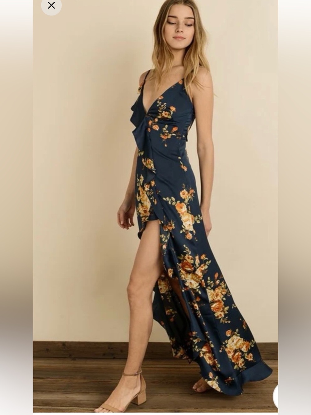Vici Dolls Floral Satin Ruffle Halter Maxi Dress Navy Blue Flowing S Faux Wrap - Picture 6 of 16